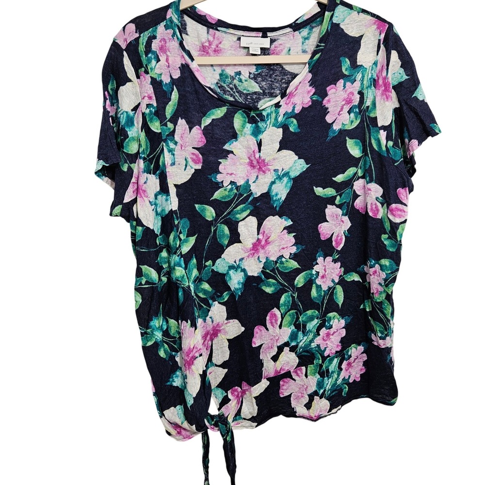 J. Jill Love Linen Top Floral Garden Cottagecore Relaxed Blue Pink 1X